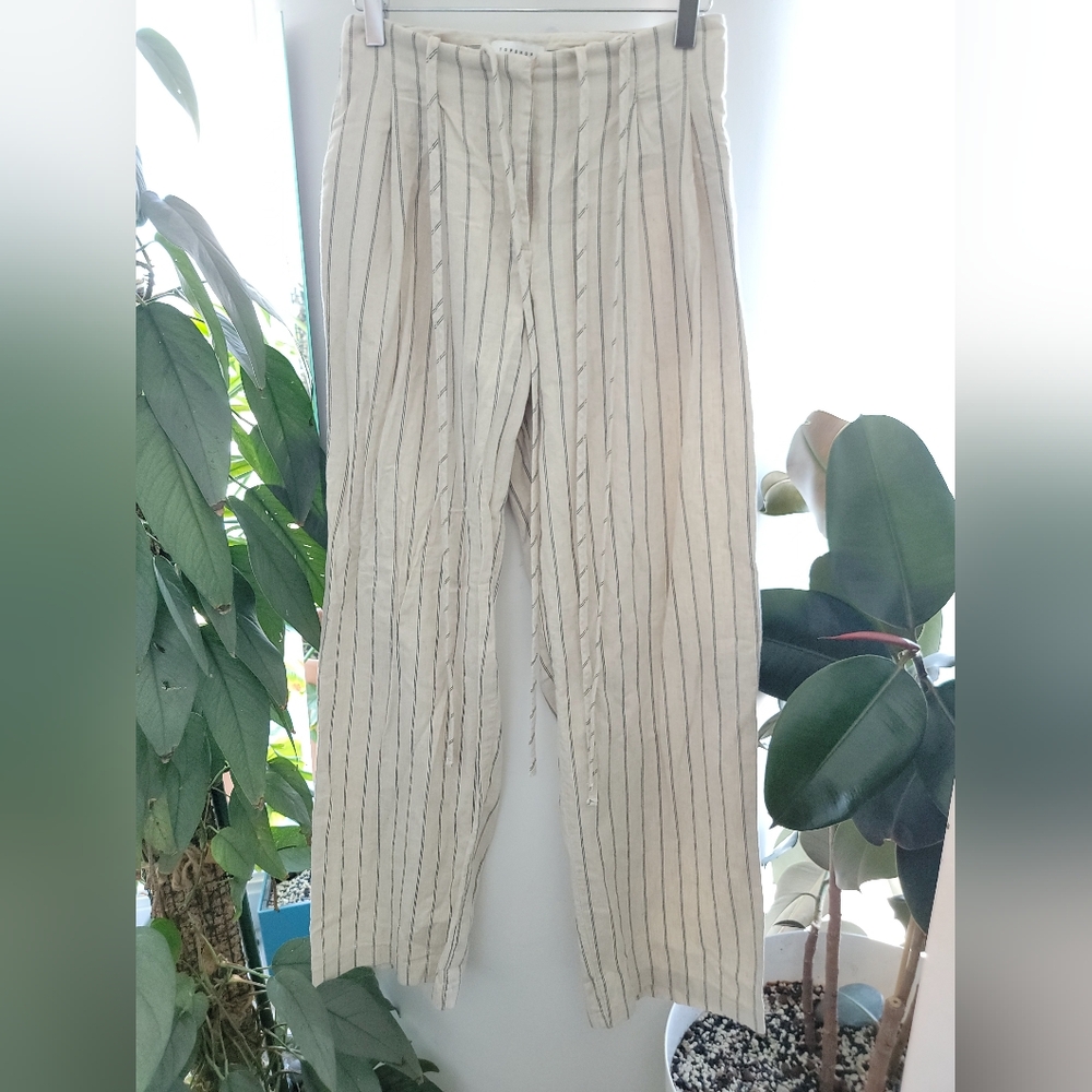 Topshop Linen Blend Crop Pinstripe Trousers